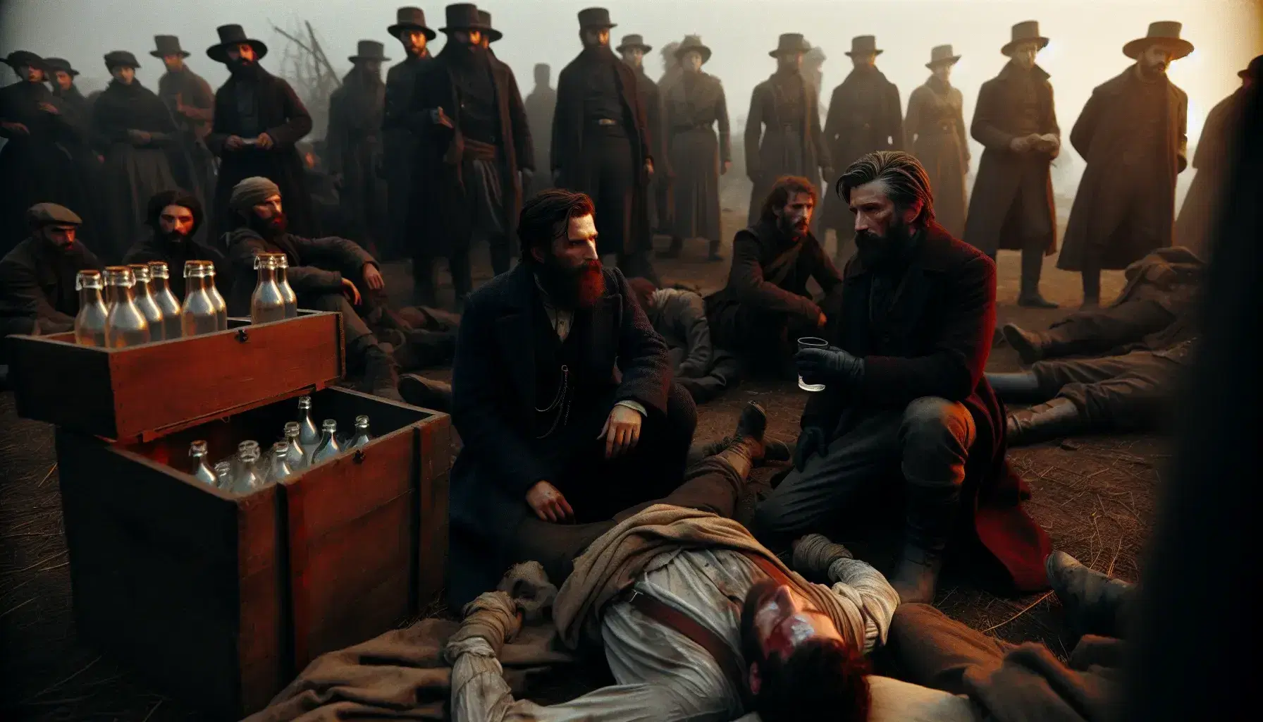 Escena histórica del siglo XIX con personas en atuendos oscuros y toques rojos en un campo de batalla, un hombre barbudo arrodillado ofrece agua a un herido, rodeados de individuos atendiendo a los lesionados.