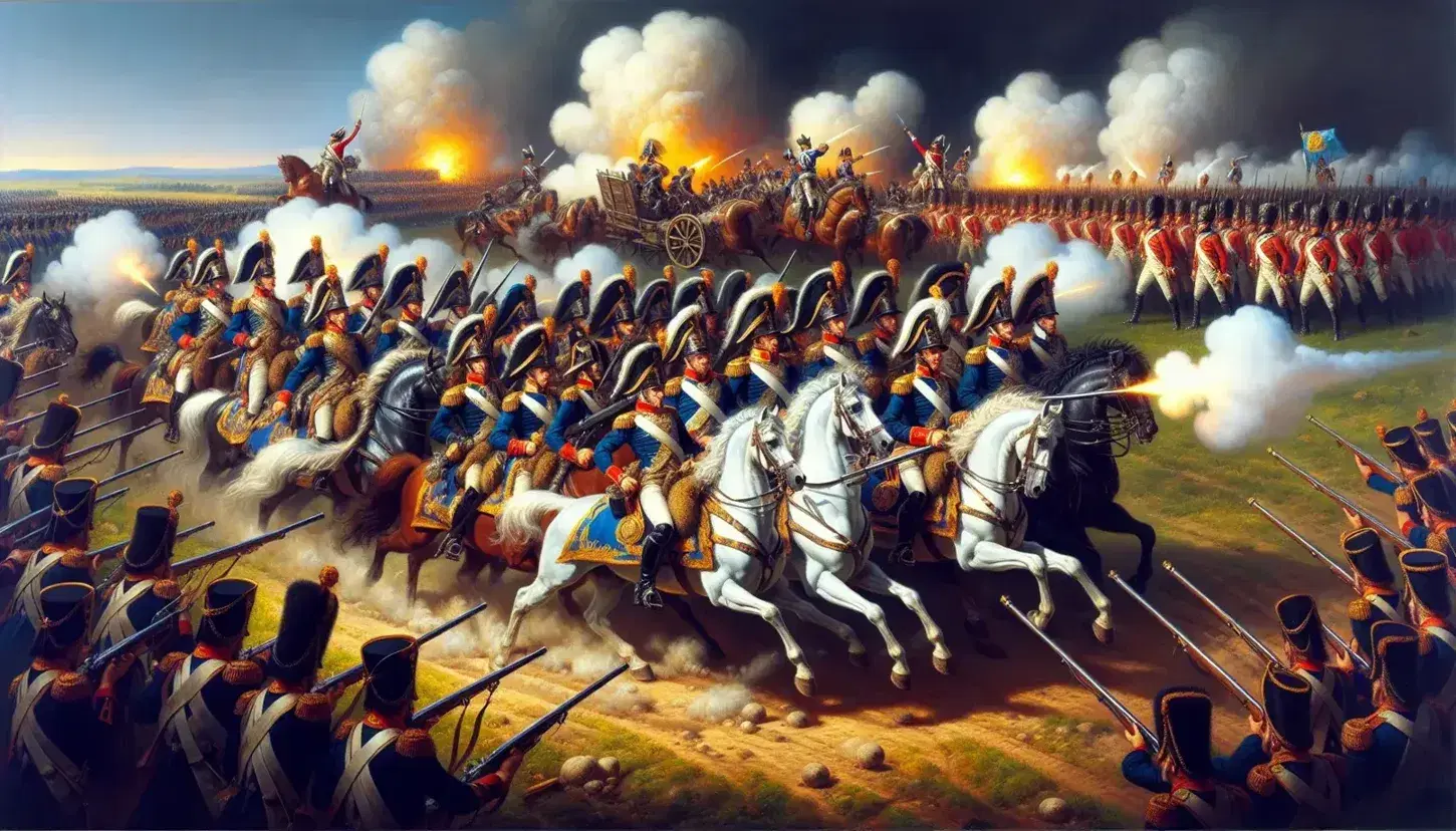 Baroque-era battlefield scene with blue-uniformed cavalry charging, red-coated infantry marching, and green-clad artillerymen firing cannons under a clear sky.