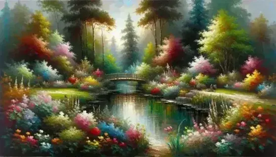 Jardín floreciente con puente de madera y estanque reflejando árboles en pintura al óleo que captura la luz y sombra de un día soleado.