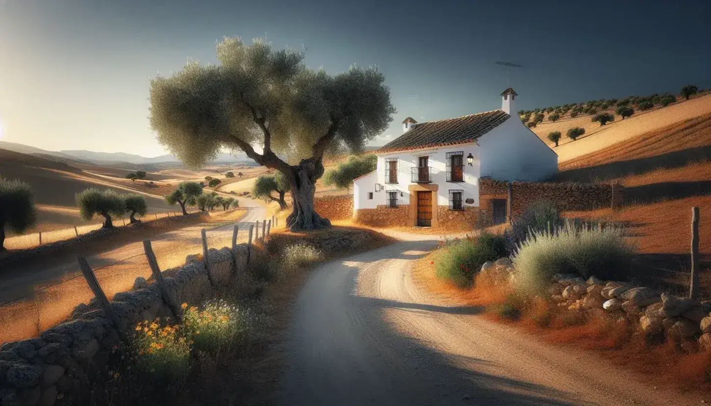 Casa rural blanca tradicional con muros gruesos y ventanas con rejas de hierro, rodeada de un muro de piedra y un olivo, bajo un cielo azul claro.