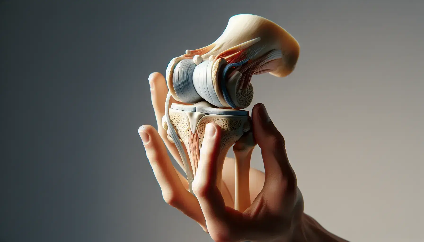 Modelo anatómico detallado de articulación de rodilla sostenido por una mano, mostrando huesos, cartílagos, ligamentos y tendones en colores diferenciados.