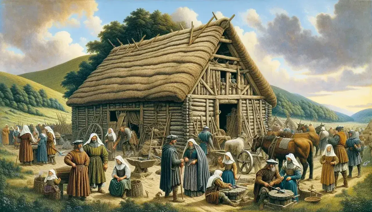 Scena quotidiana in un villaggio lombardo con abitanti in costumi d'epoca, edifici in legno, guerriero e capo locale, sotto un cielo sereno.