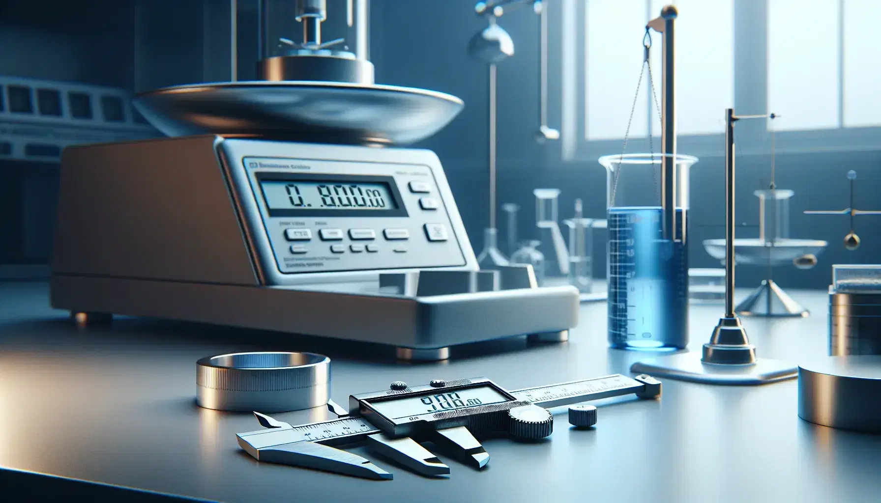 Banco laboratorio con calibro digitale in acciaio, micrometro, bilancia analitica di precisione e cilindro graduato con liquido blu.