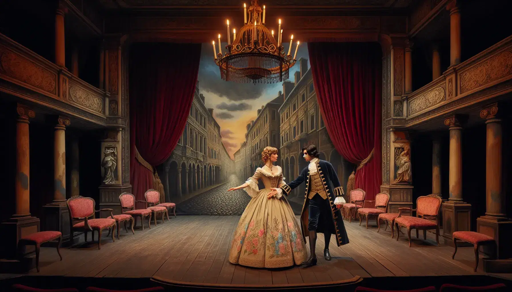 Escenario teatral del siglo XIX con actores en trajes de época, cortinas de terciopelo rojo y candelabro, capturando la esencia del teatro romántico.