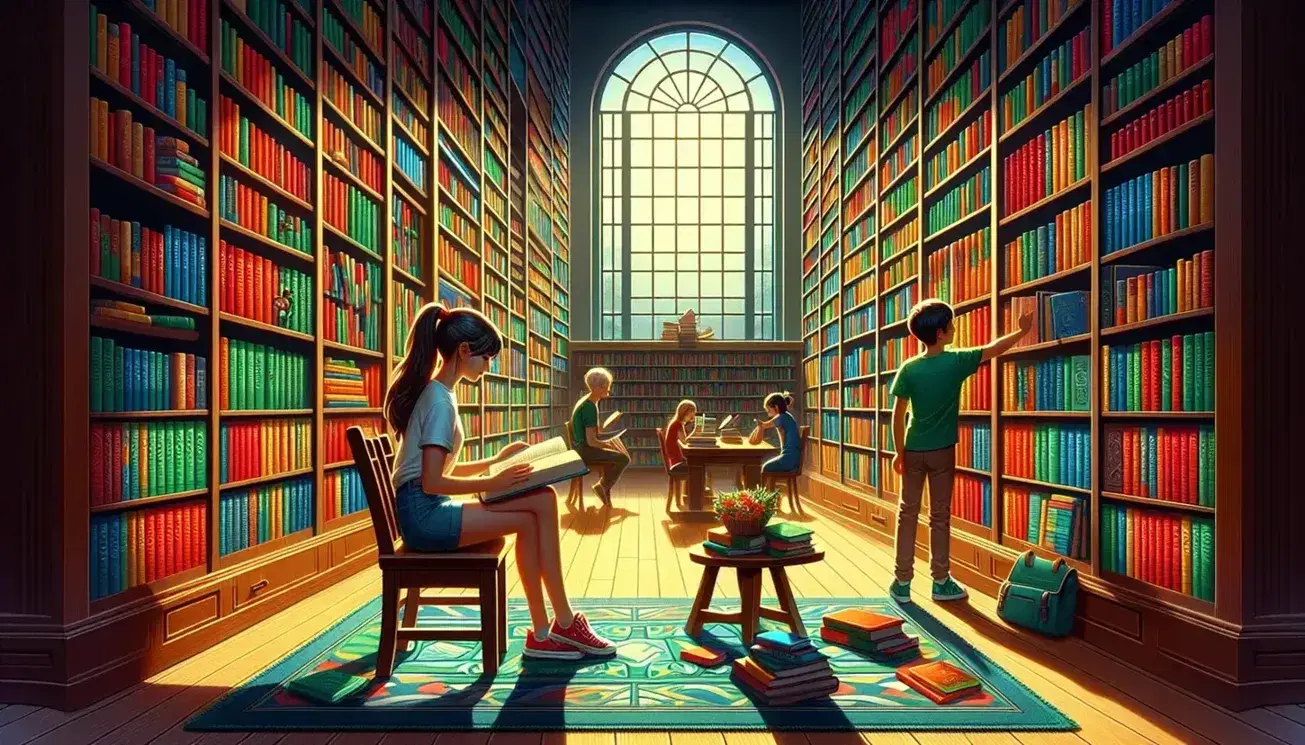 Biblioteca accogliente con ragazza che legge seduta e ragazzo che prende libro da scaffale alto, tavolo con pianta e statuetta.