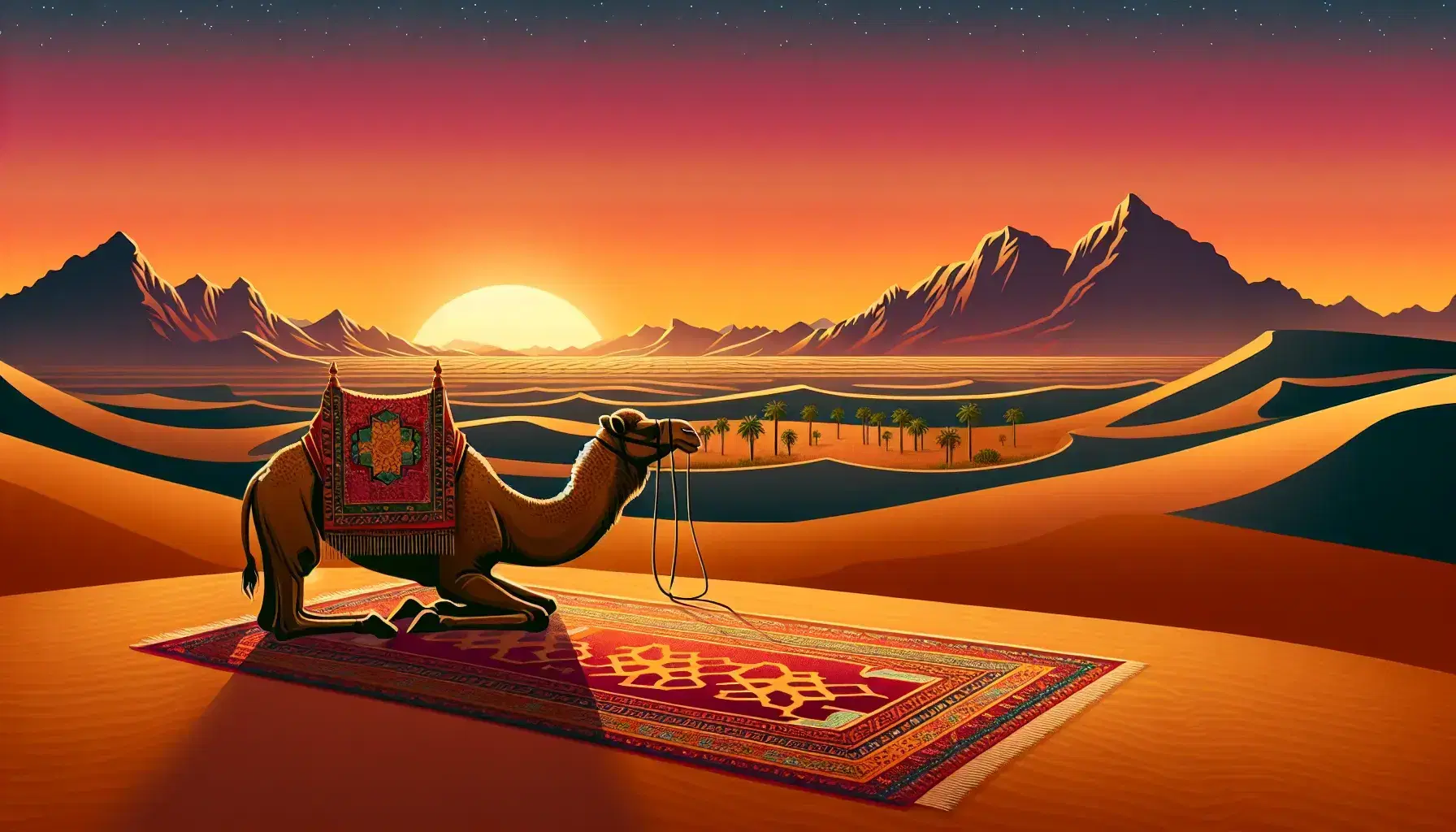 Tramonto nel deserto con cammello senza cavaliere, tappeto di preghiera e oasi con palme in lontananza, cielo arancione e rosa.