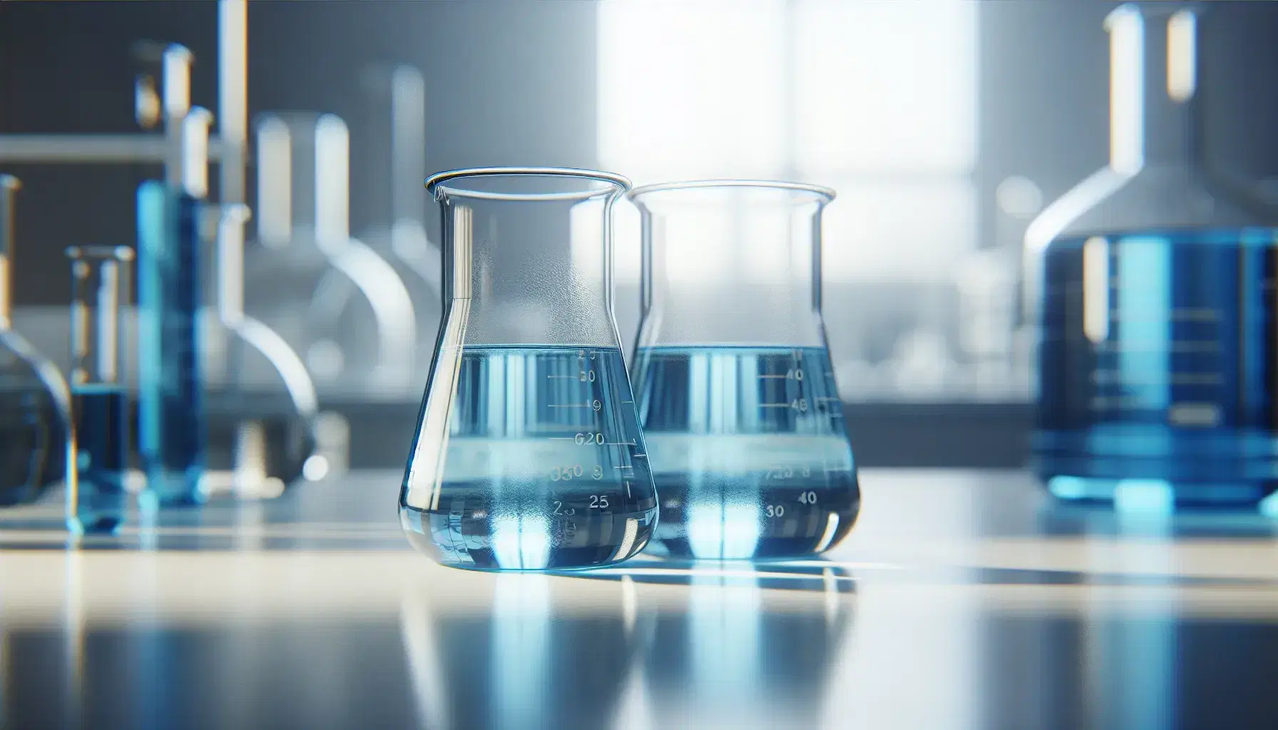 Two transparent glass beakers placed side by side on a white laboratory bench, partially filled with blue liquid, in bright environment.