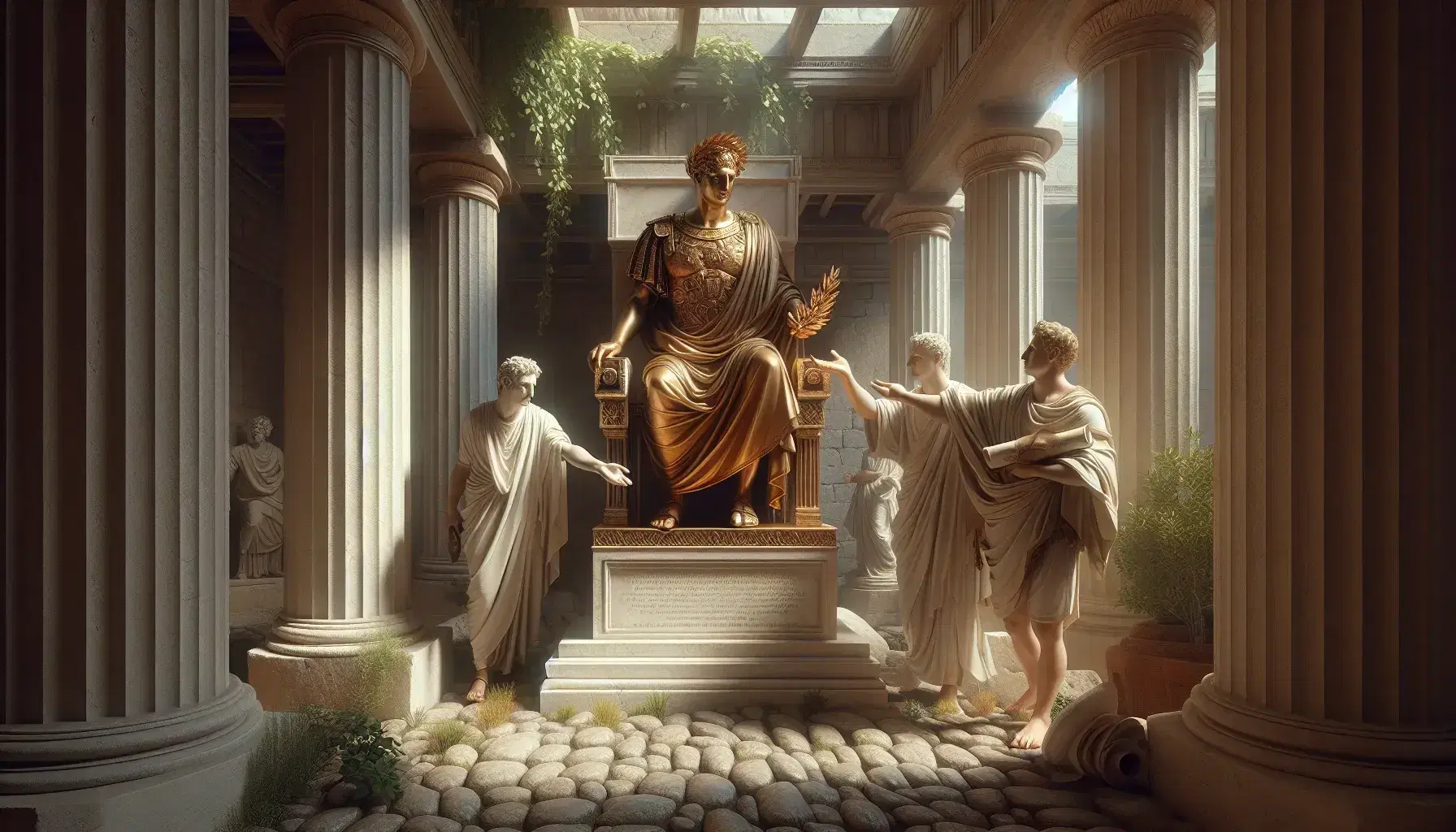 Estatua de bronce de emperador romano con toga y corona de laurel sobre pedestal de mármol, rodeada de dos figuras con túnicas y un pergamino, en un entorno de columnas de piedra y vegetación.