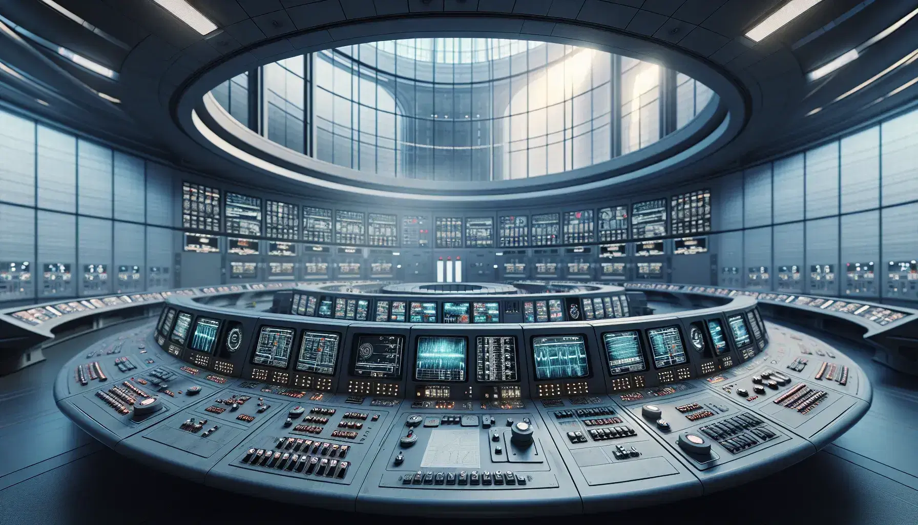 Sala di controllo di un reattore nucleare con console curva, schermi con grafici, luce blu Cherenkov dal reattore e illuminazione soffusa.