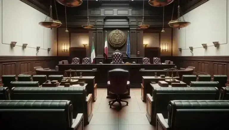 Aula di tribunale vuota con scrivania in legno scuro, bilancia della giustizia in ottone, bandiere italiana ed europea e panche in pelle verde.