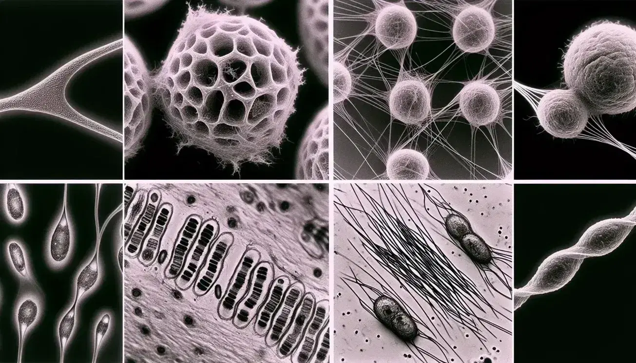 Cellule in varie fasi della mitosi al microscopio, con cromosomi visibili e mitotic spindle, in un campo blu uniforme.