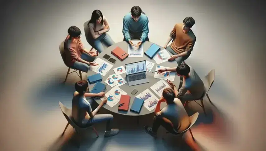 Grupo de cinco estudiantes colaborando en un proyecto con gráficos en un portátil y papeles sobre una mesa redonda, en un ambiente de estudio concentrado.