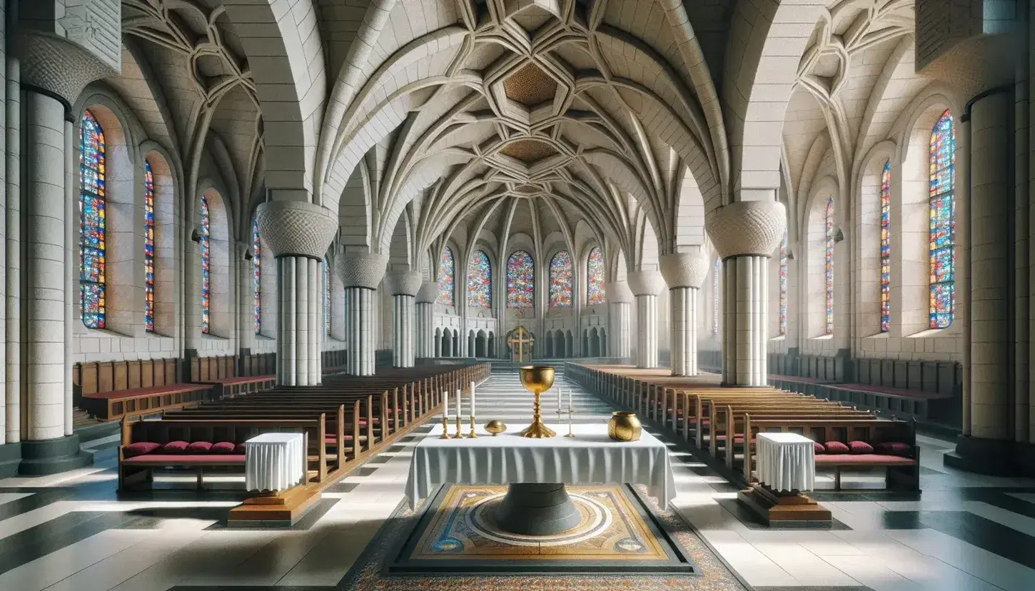 Interior de iglesia con arcos y bóvedas, altar con cáliz dorado, bancos con cojines rojos y vidrieras coloridas, figura en oración y cruz de madera.