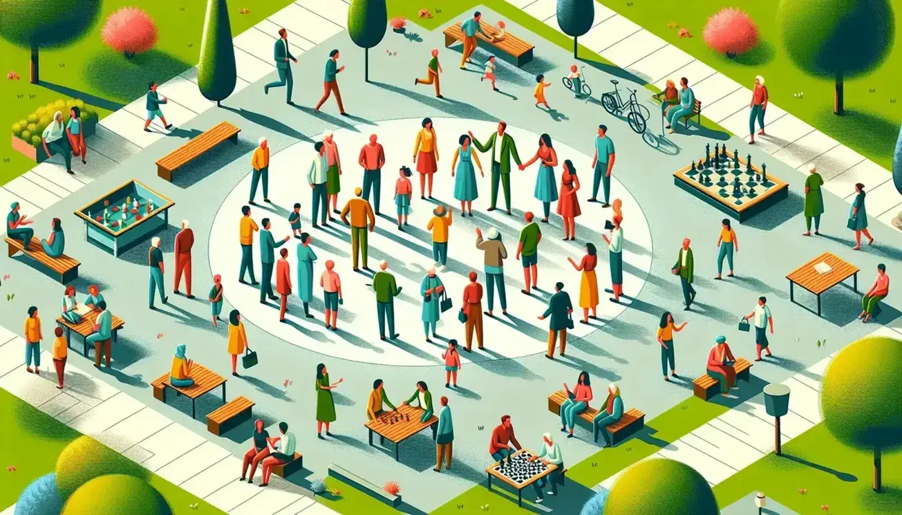 Grupo diverso de personas interactuando en un parque urbano con juegos infantiles, partida de ajedrez y descanso en bancas, en un día soleado.