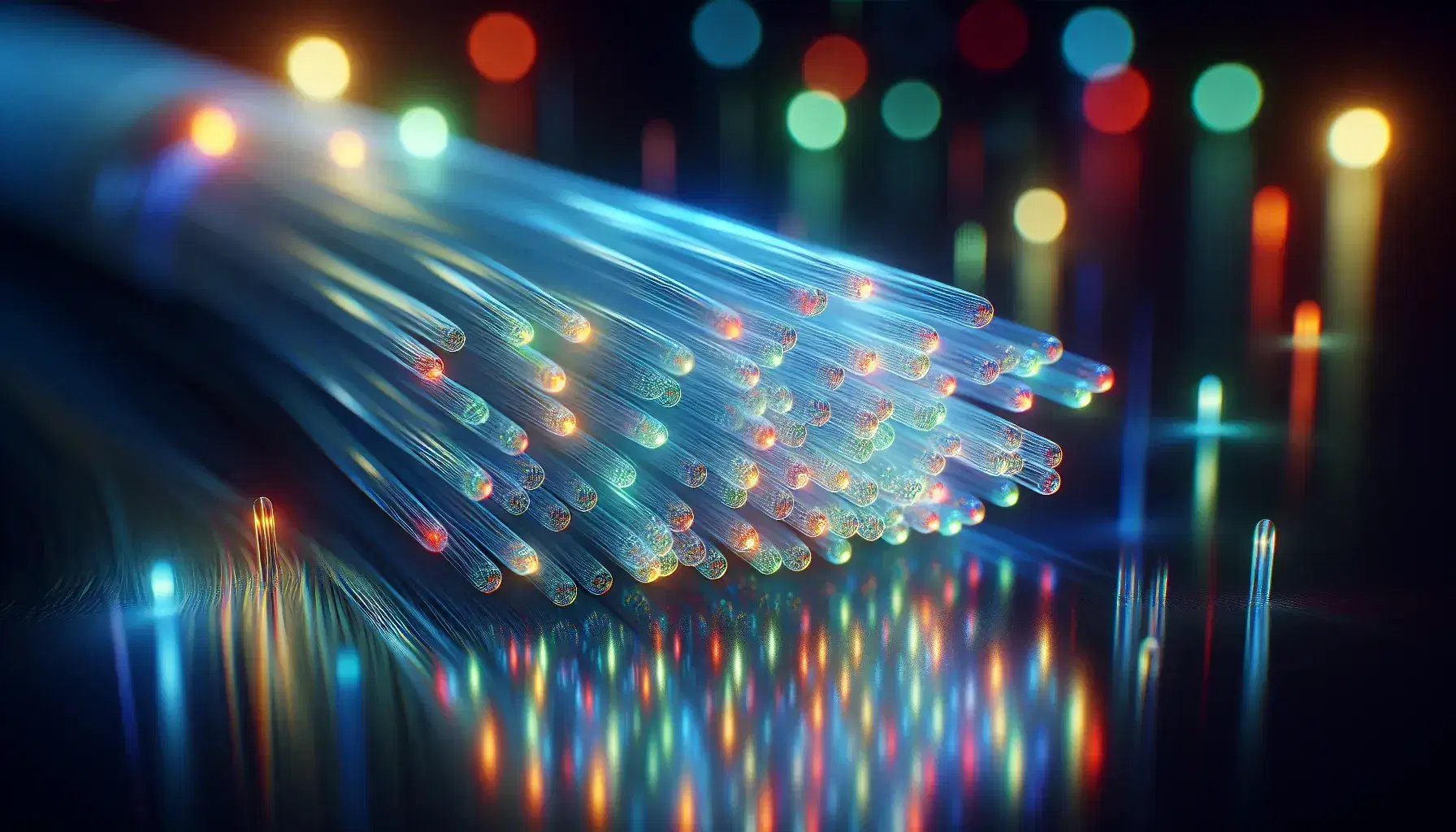 Fibre ottiche trasparenti illuminate internamente con sfumature di blu, verde e rosso che si diffondono lungo la loro struttura curva su sfondo scuro.