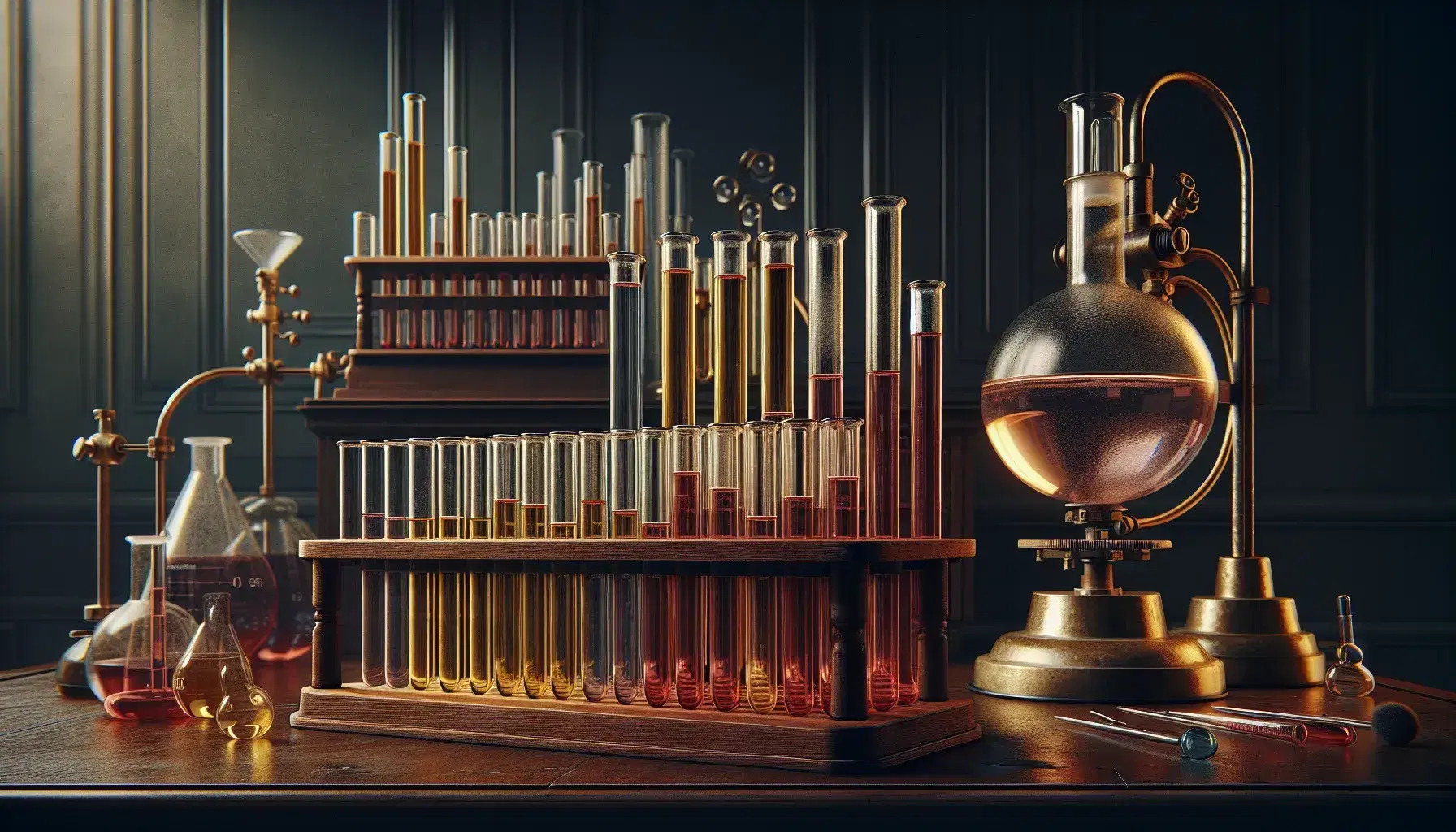 Vintage laboratory setup with test tubes in a rack, a flask over a Bunsen burner, a pipette near a petri dish, and a microscope, in warm sunlight.