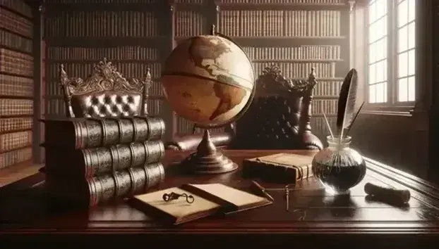 Biblioteca antica con tavolo in legno scuro, libri rilegati, calamaio con penna e mappamondo, sedie intagliate e scaffali pieni di volumi.