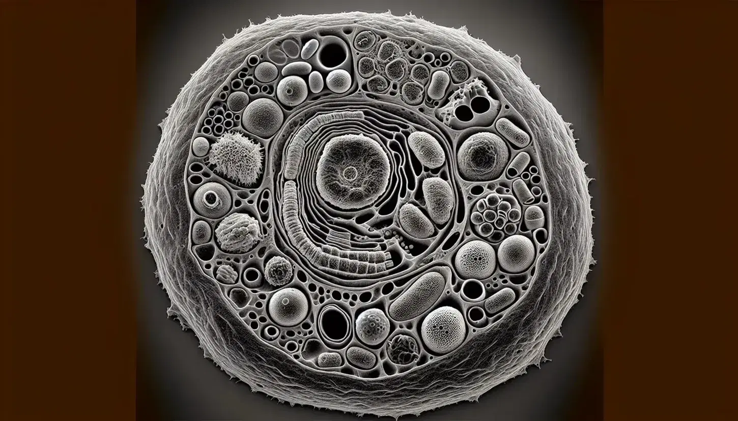 Micrografia elettronica di una cellula eucariotica con nucleo, reticolo endoplasmatico, mitocondri e membrana plasmatica.