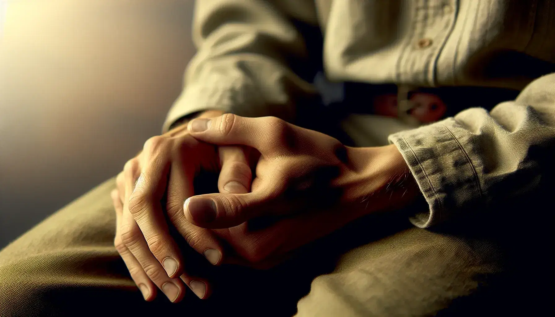 Overlapping adult hands with signs of age, placed on neutral blurred background, soft lighting emphasizing texture and shadows.