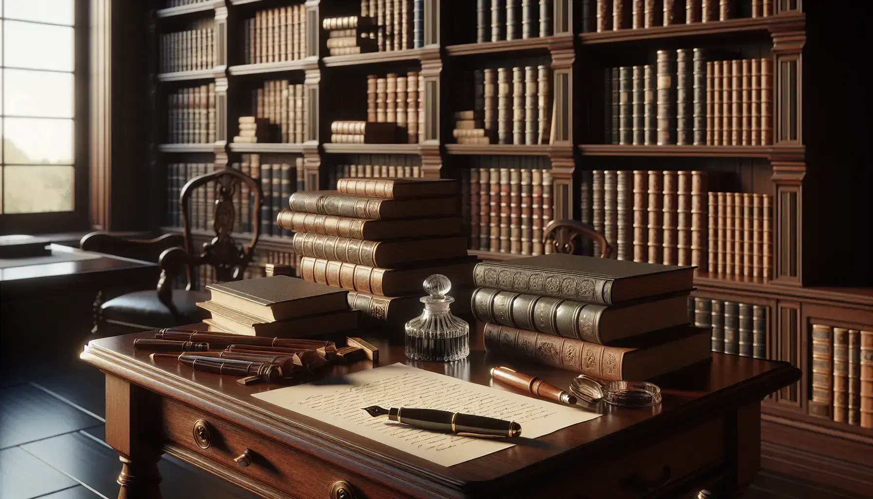 Biblioteca clásica con estanterías de madera oscura llenas de libros, mesa antigua con papeles desordenados, pluma estilográfica y tintero con tinta negra, iluminados por luz cálida.