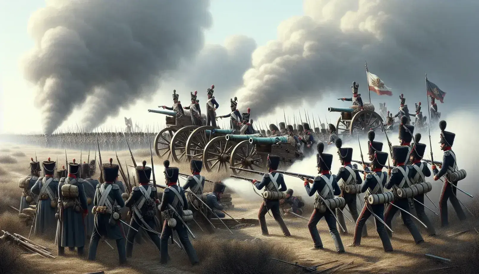 Soldados en uniformes napoleónicos con mosquetes y bayonetas avanzan en un campo de batalla con cañones de bronce y humo al fondo.
