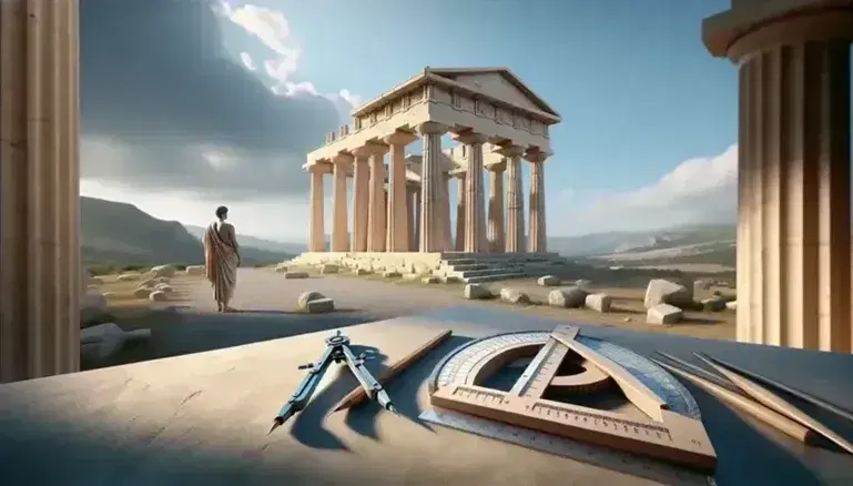 Templo griego antiguo con columnas dóricas y pedimento triangular bajo cielo azul, herramientas de medición en primer plano y figura humana en túnica.