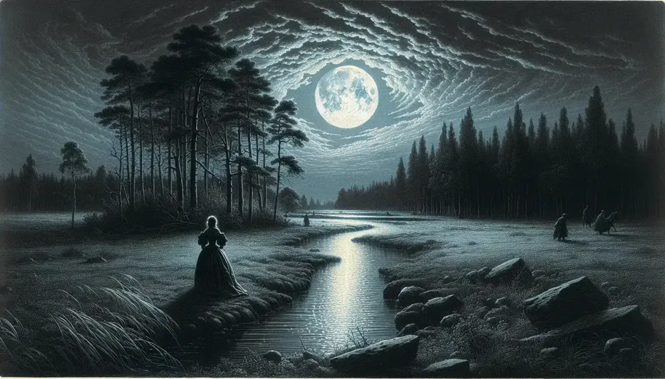 Luna piena luminosa riflessa su fiume tranquillo con figura umana in abiti d'epoca che contempla il paesaggio notturno.