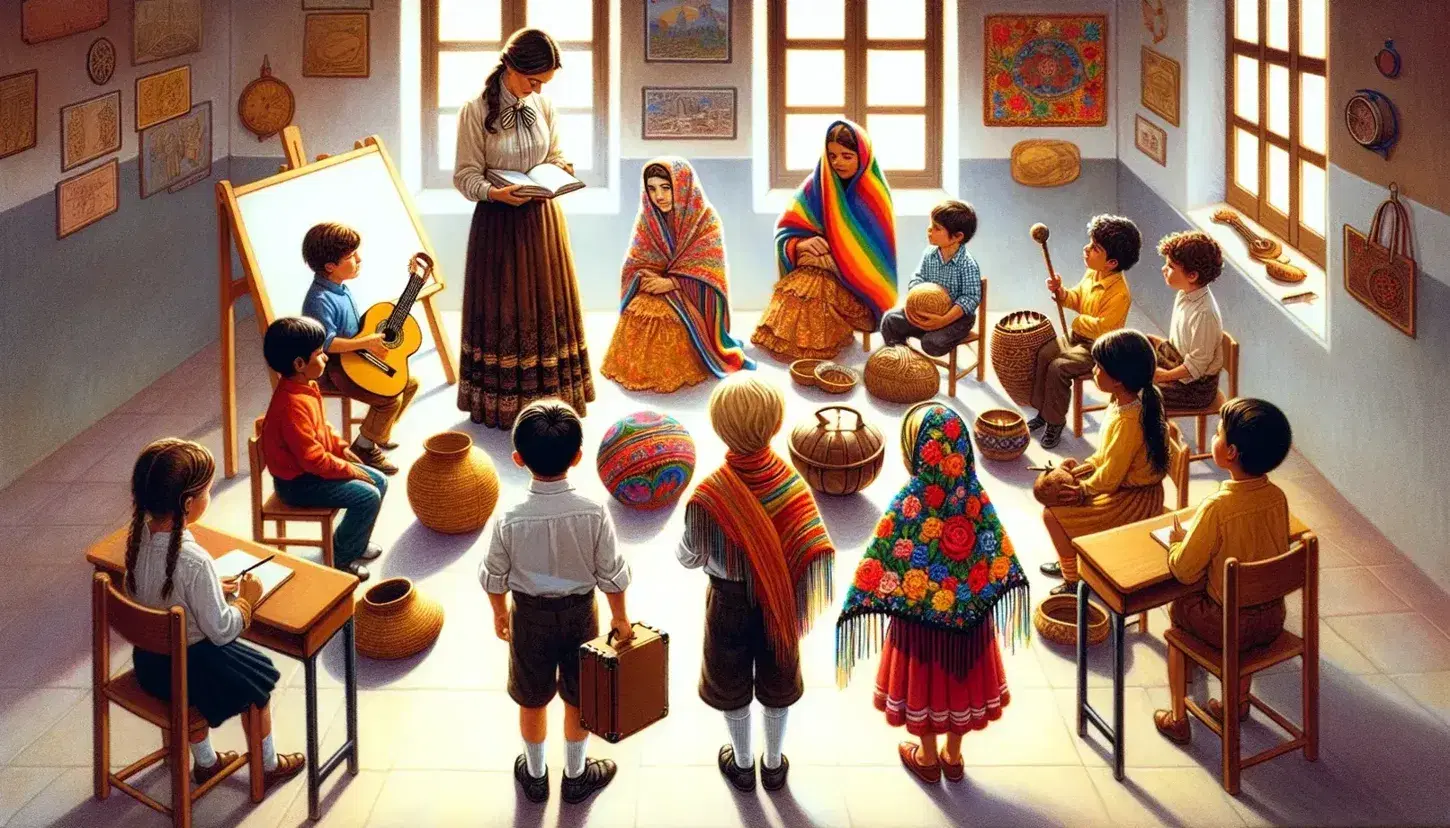 Diverse children in a semi-circle hold heritage items—a woven basket, vibrant shawl, wooden instrument, patterned fabric—in a sunlit Spanish classroom with an attentive teacher.