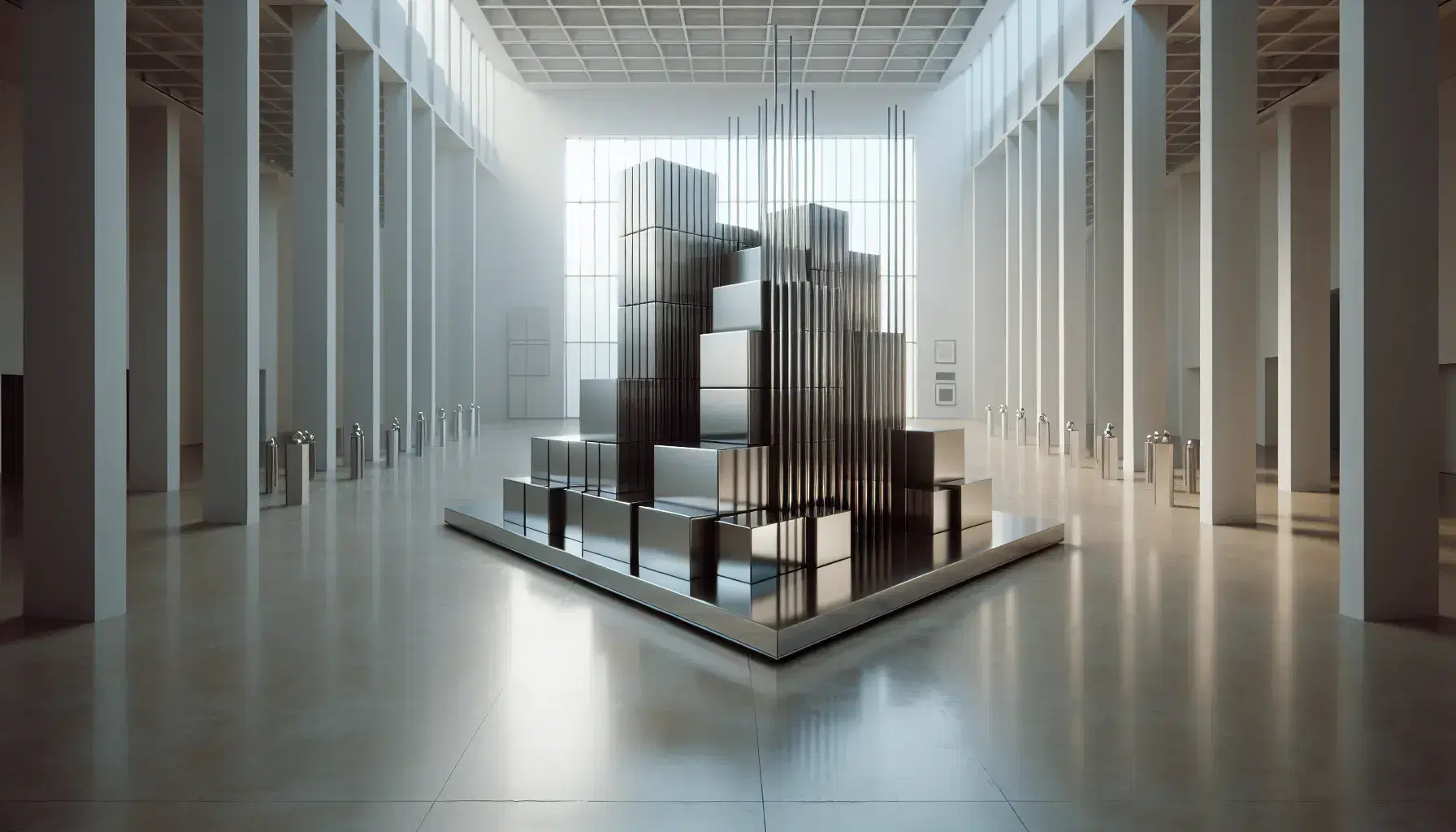 Sculture minimaliste geometriche in esposizione, con blocchi metallici riflettenti e piastre verticali acciaio in spazio luminoso.