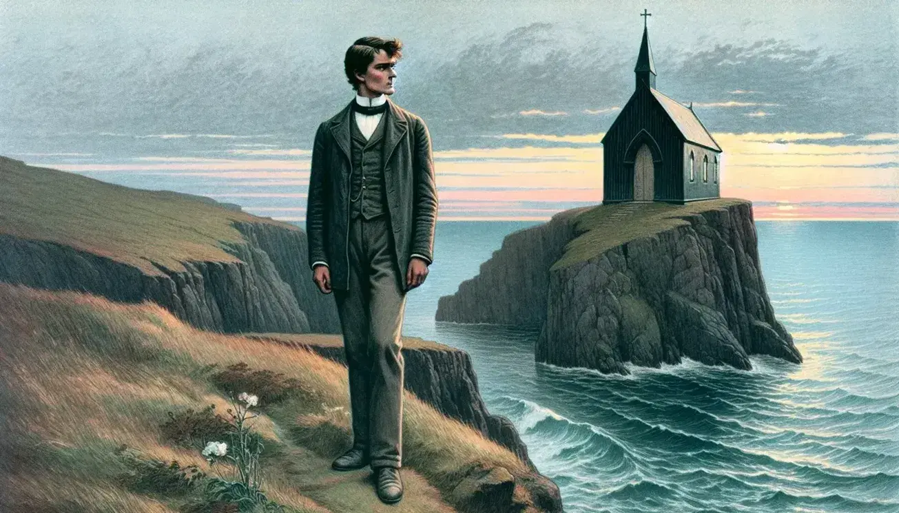 Young man in early 20th-century attire stands contemplatively on a cliff by the sea at sunset or sunrise, near a small wooden church.