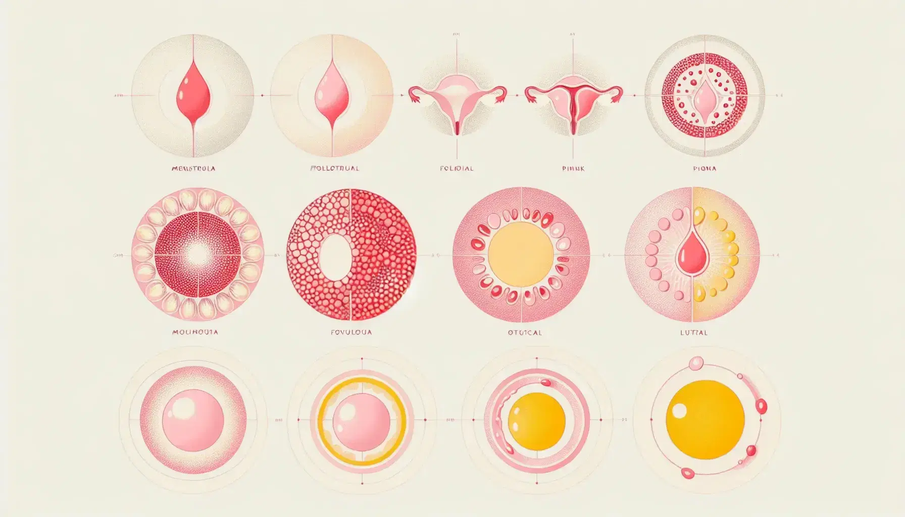 Ilustración de las fases del ciclo menstrual con círculos de colores: rojo con gotas para la menstruación, rosa con puntos para la fase folicular, amarillo con punto central para la ovulación y amarillo oscuro para la fase lútea.