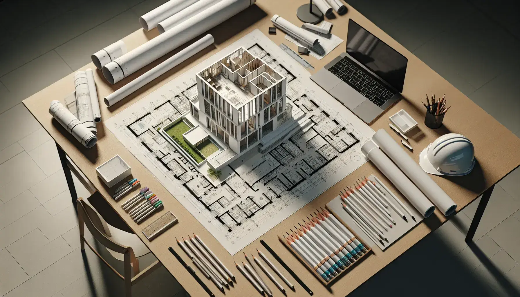 Mesa de trabajo de arquitecto con maqueta blanca de edificio moderno, planos, lápices, regla metálica, escuadra, casco y laptop con diseño 3D.