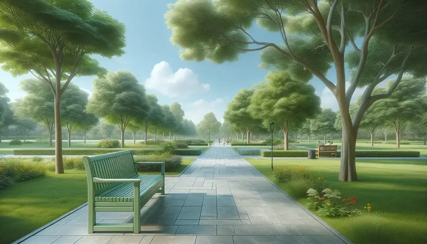 Green wooden bench on stone path in quiet park, green grass and colorful flowers, leafy trees, blue sky with clouds, distant people.