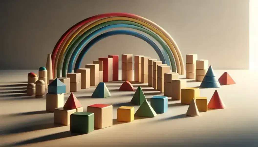 Bloques de madera geométricos en colores rojo, azul, amarillo y verde, formando una secuencia de cubos, un arco de pirámides y un círculo de cilindros sobre superficie clara.
