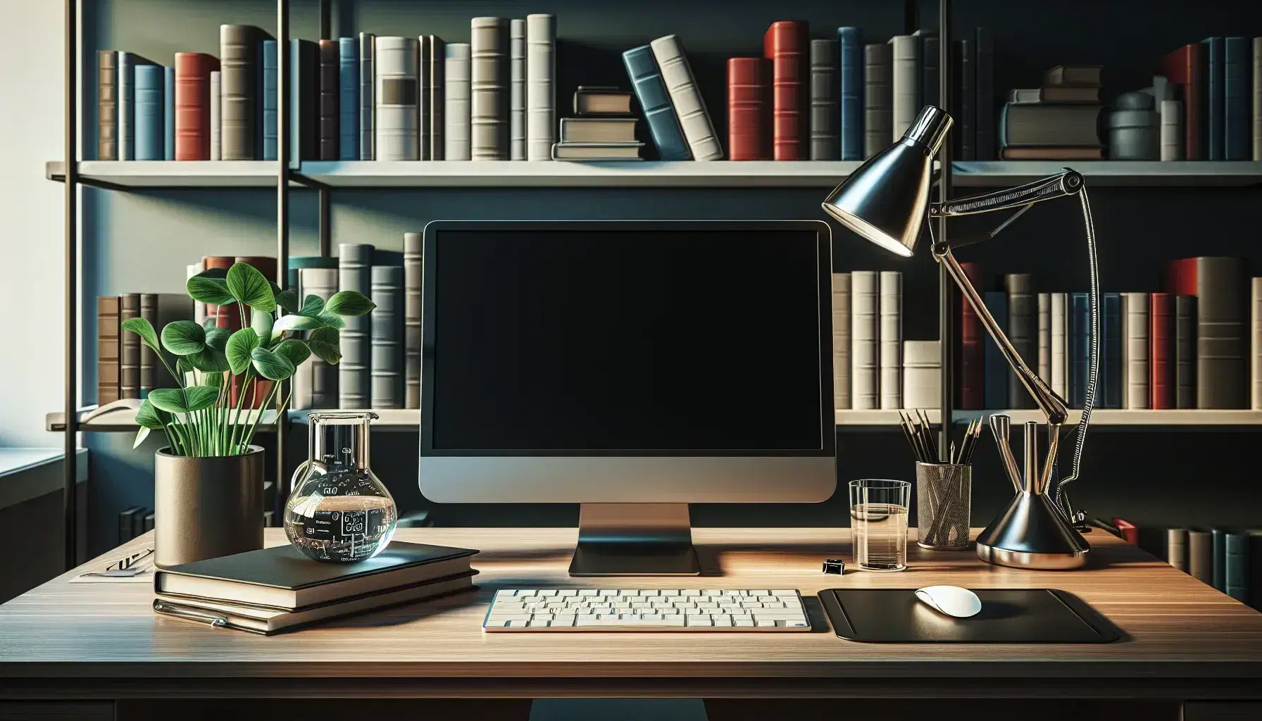 Tidy desk with turned off computer, glass beaker, colorful books on shelf and lamp on in illuminated study environment.