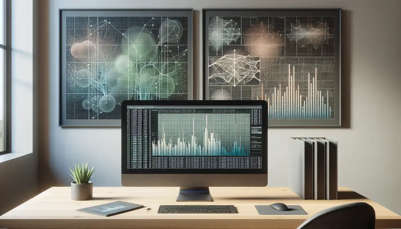 Modern office with light wooden desk, monitor with graph, wireless keyboard and mouse, abstract paintings, green plant and vase with flowers.