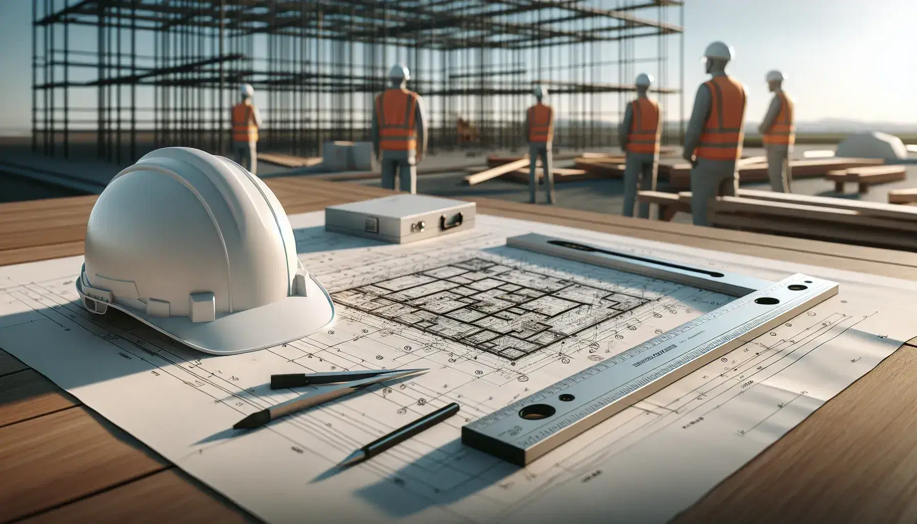 Casco de seguridad blanco sobre mesa de madera con planos arquitectónicos y escuadra, fondo de obra con trabajadores y estructura de acero.