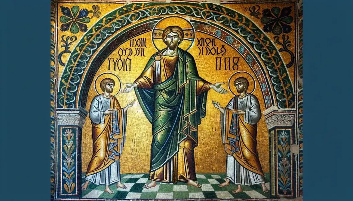 Mosaico bizantino con figura centrale aureolata in tunica oro e blu, affiancata da due personaggi su sfondo verde e blu, sotto arco decorato.