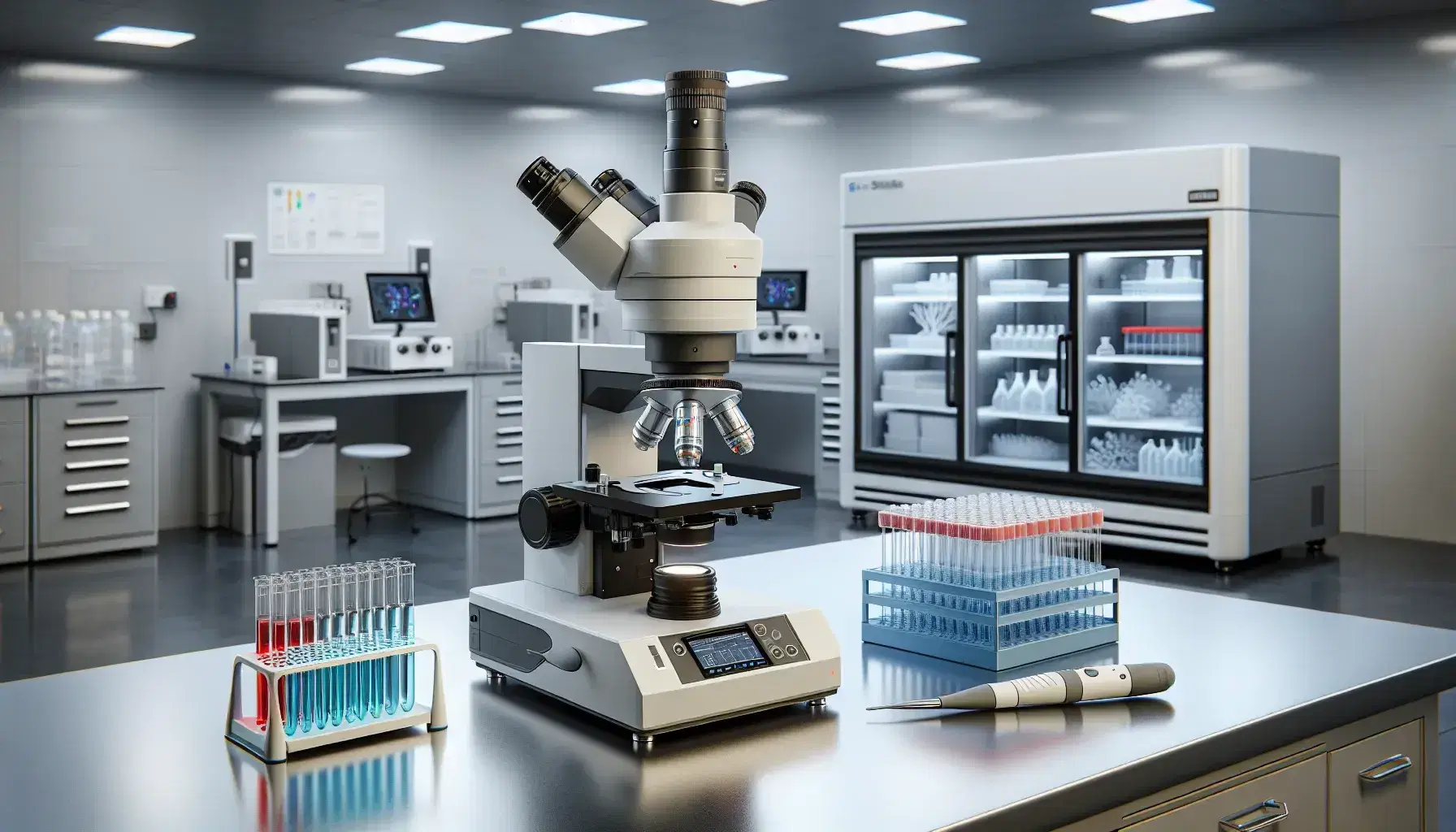 Laboratorio biomolecular moderno con microscopio electrónico, tubos de ensayo con líquidos de colores en soporte azul, pipeta automática y centrifugadora cerrada, guantes de látex y refrigerador de muestras.