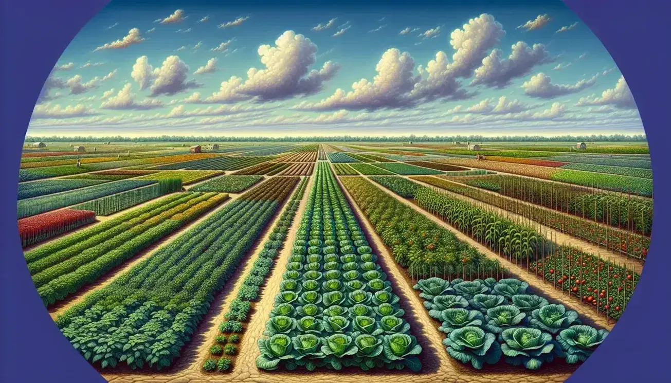 Campo agricolo variegato con file di verdure a foglia larga in primo piano, piante di pomodoro adiacenti e alberi da frutto sul lato destro sotto un cielo azzurro.