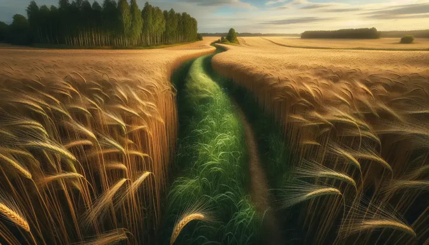 Paesaggio naturale con campo di grano dorato, sentiero sinuoso, alberi in lontananza e cielo azzurro con nuvole sparse.