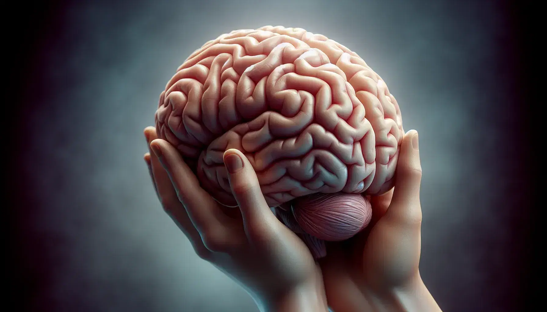 Human brain in lateral view with left hemisphere, held by caring hands on blurred blue-green background, precise anatomical details.