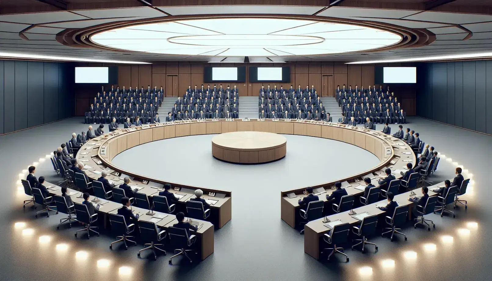 Sala de conferencias amplia con asientos azul oscuro, mesa semicircular de madera, podio y pizarrón blanco, iluminada artificialmente.