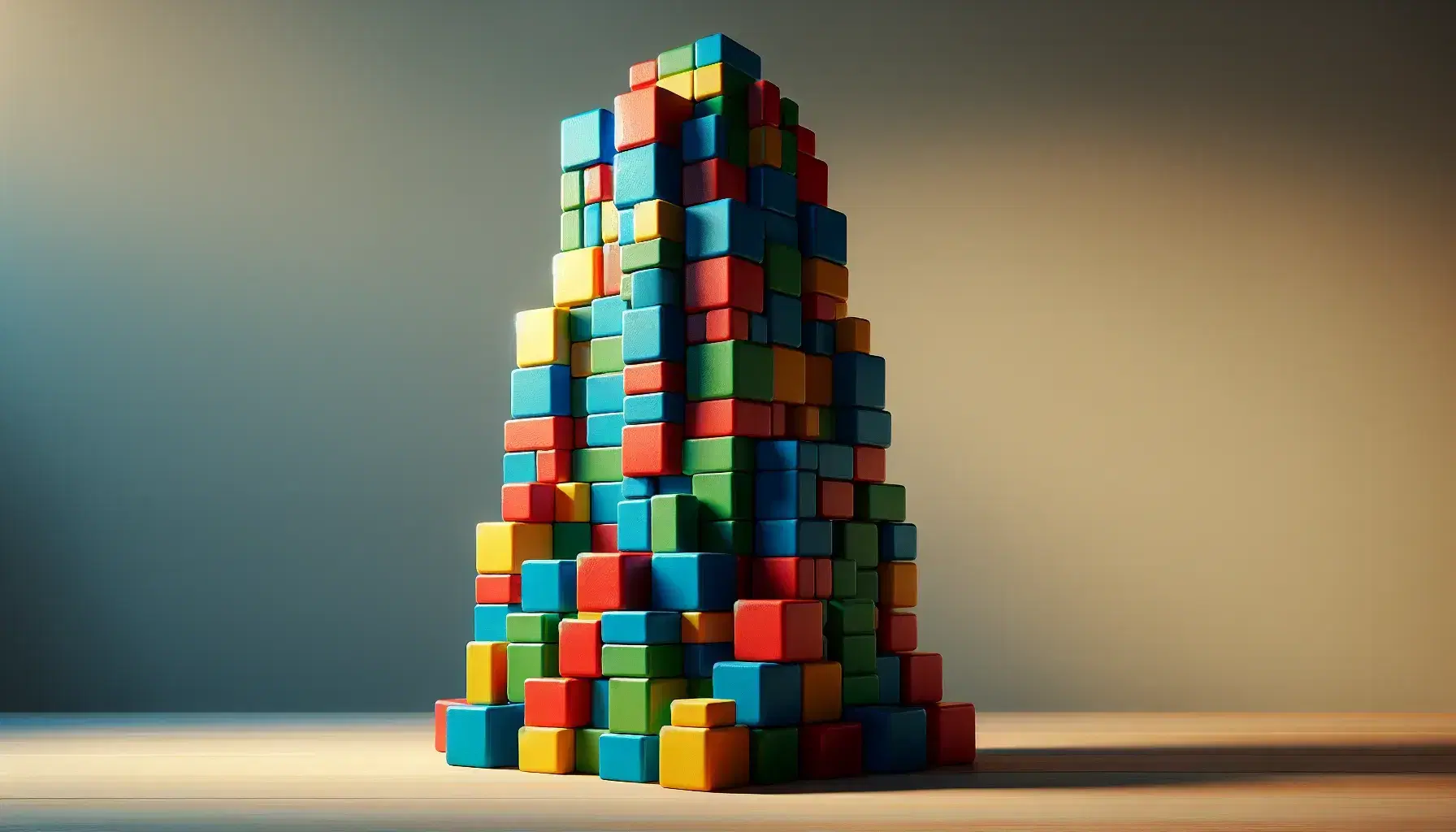 Torre di blocchi colorati impilati in ordine decrescente su sfondo neutro con ombre leggere che evidenziano la tridimensionalità.