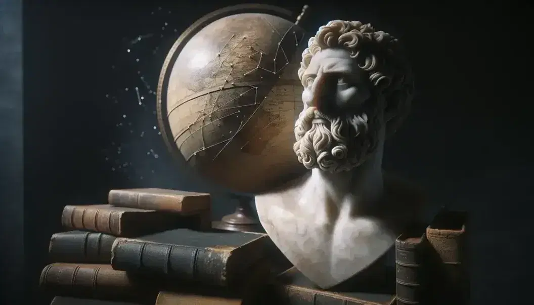 Statua marmorea di filosofo antico con sguardo pensieroso, libri antichi sfocati e globo celeste con costellazioni in primo piano.