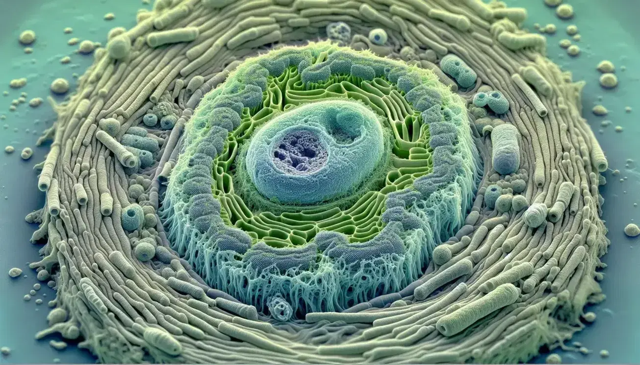 Microfotografia colorata di cellula eucariotica con reticolo endoplasmatico verde intorno al nucleo azzurro e nucleolo scuro.