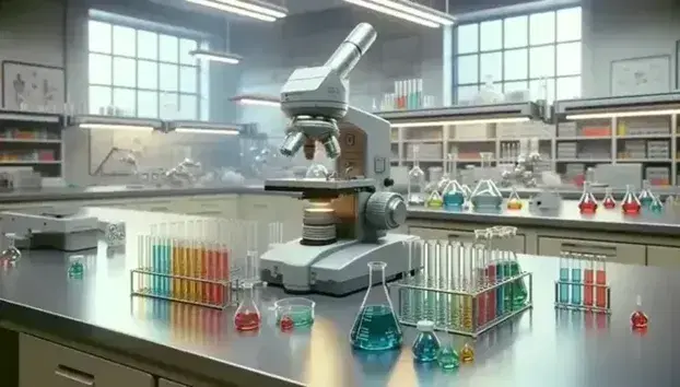 Laboratorio di chimica con microscopio elettronico grigio al centro, provette colorate e vetrini su banco di lavoro, illuminazione a fluorescenza.