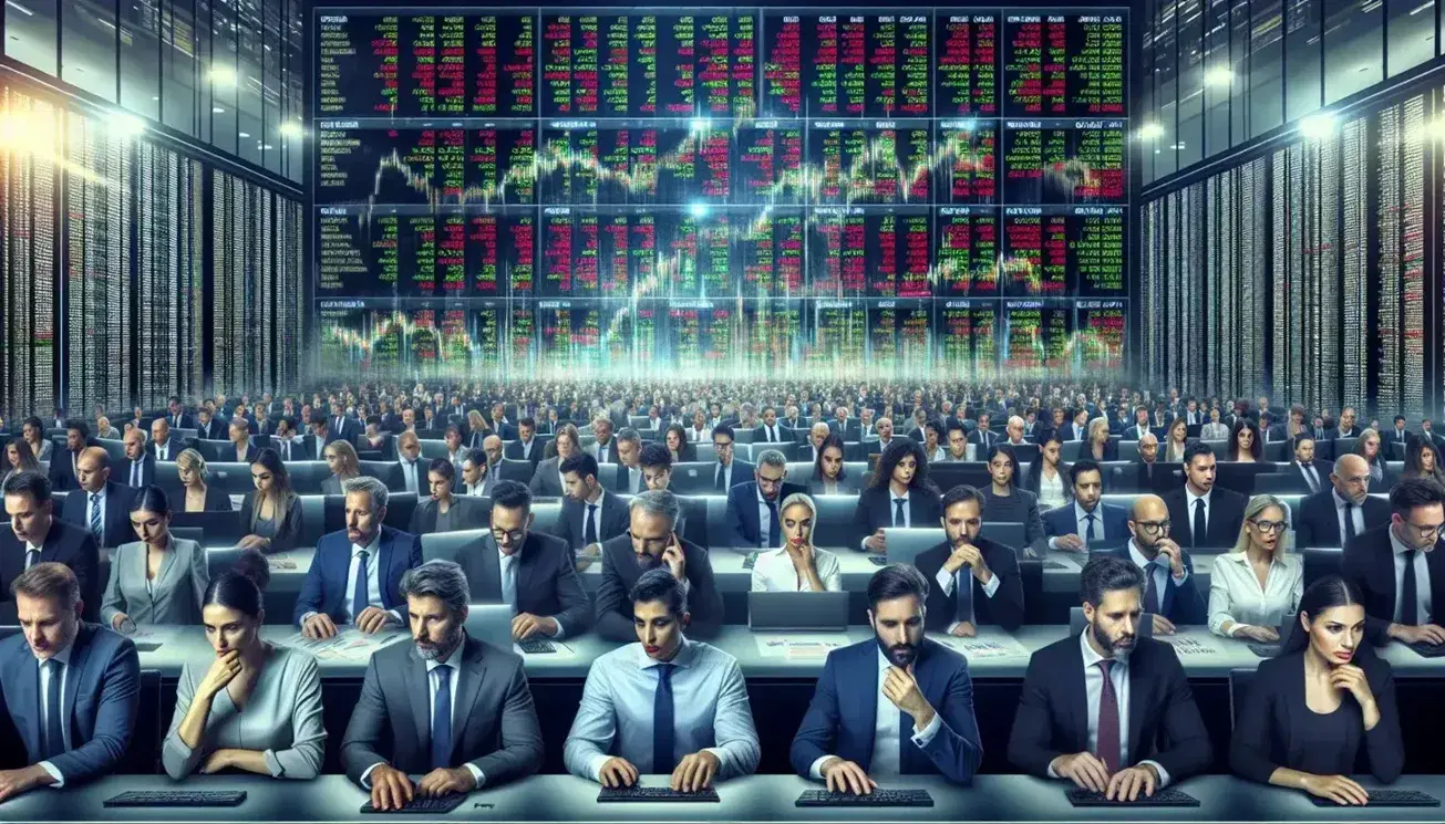 Diverse traders in business attire engage in active stock trading on a bustling exchange floor with a digital stock ticker and multi-monitor setups.