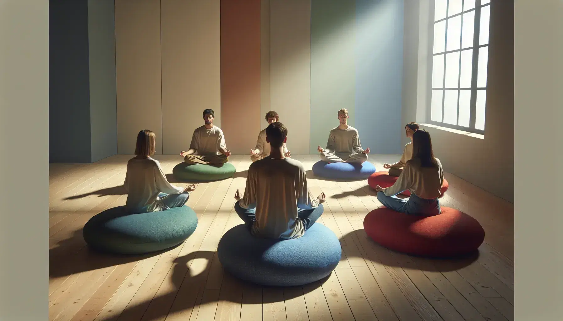 Gruppo di cinque persone in posizione meditativa sedute su cuscini colorati in ambiente sereno con luce naturale.