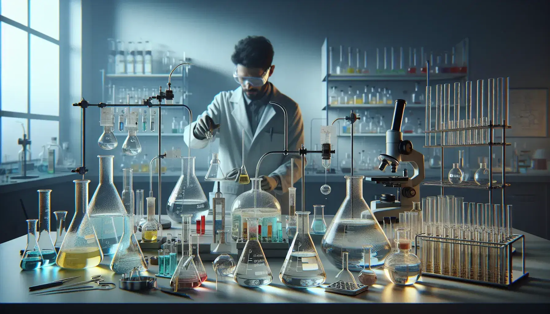 Laboratorio de química orgánica con científico vertiendo líquidos en frascos, microscopio y quemador Bunsen en uso.